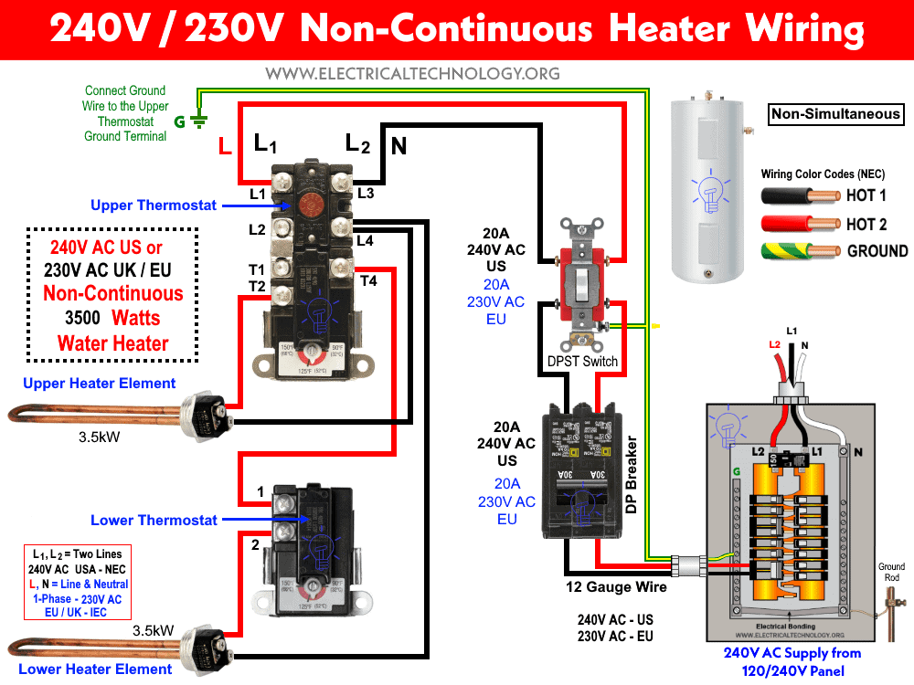 ¿Cómo cablear el termostato del calentador de agua de 240 V – 230 V (no continuo)?