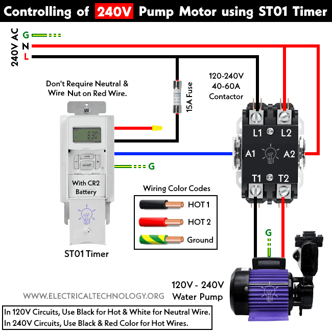 ¿Cómo cablear el temporizador ST01 con relé y contactor para motores de 120 V/240 V?