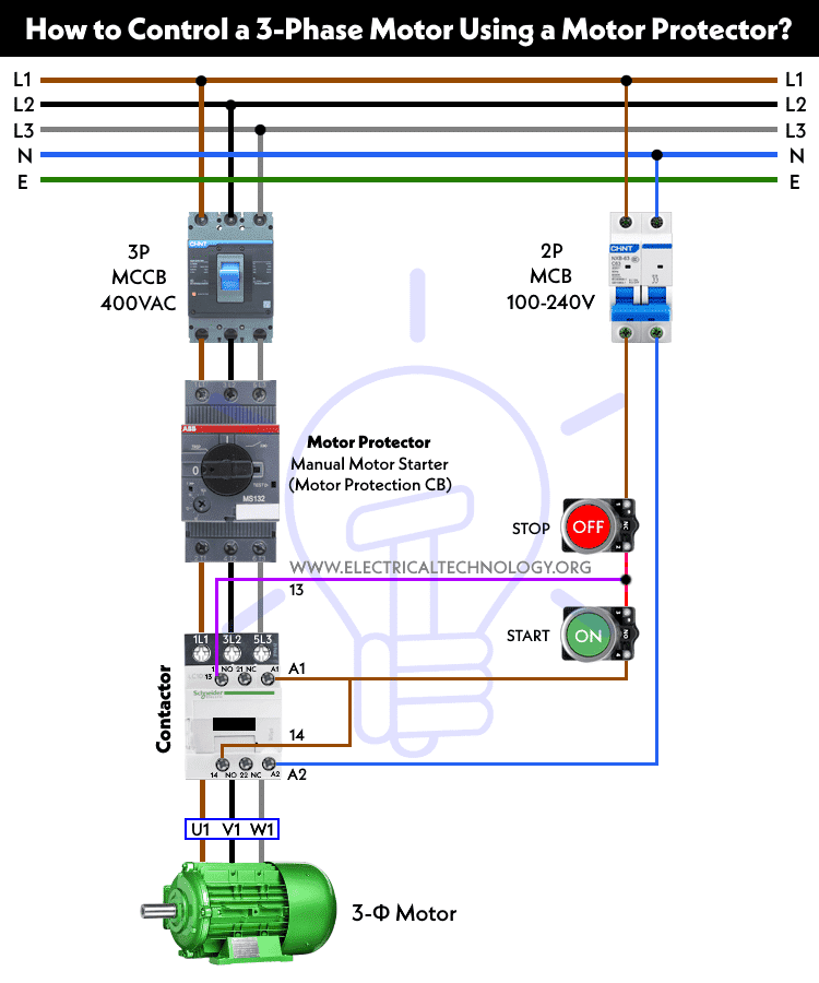 ¿Cómo controlar un motor trifásico mediante un protector de motor?