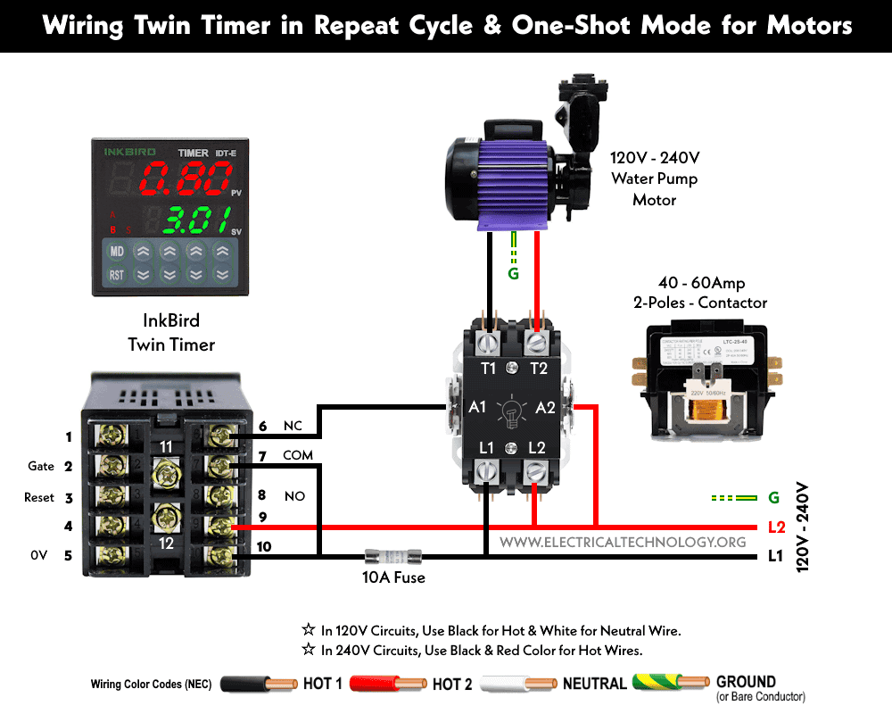 ¿Cablear temporizador doble en ciclo de repetición y modo de disparo único para motores de 120 V/240 V?