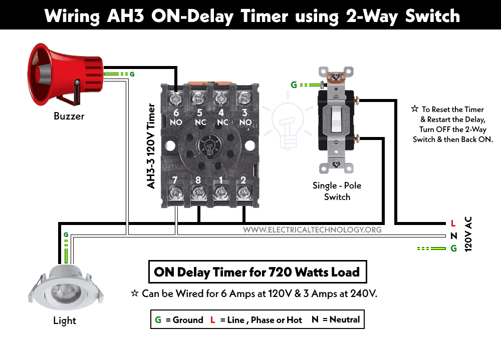 ¿Cómo cablear el temporizador de retardo de encendido para circuitos de carga de 120 V y 240 V?